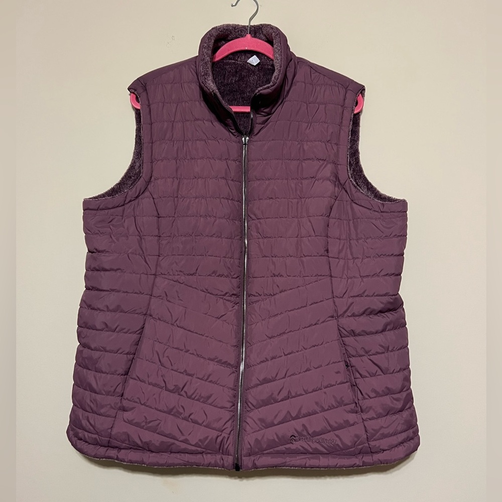 Free Country Quilted Puffer Reversible Vest Quilt/Faux Fur Purple/Plum sz 1X